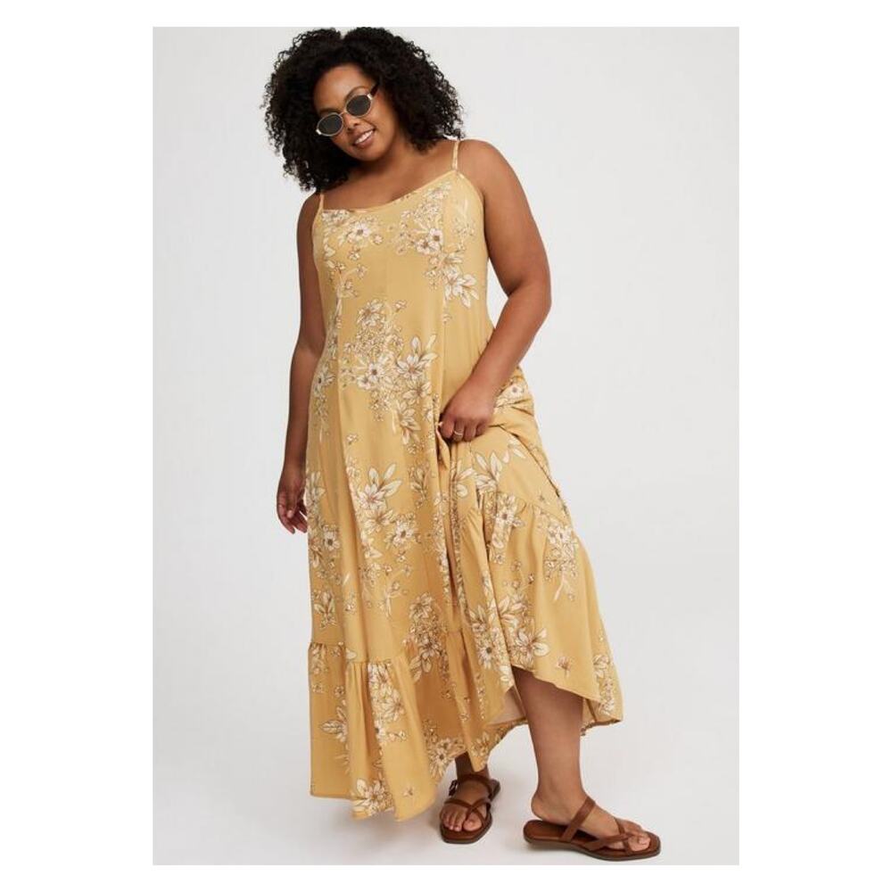 Torrid Yellow Floral Trapeze Tiered Challis Maxi Dress Sz.4 NWT